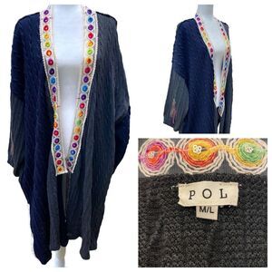 Pol Long Open Front Cardigan Kimono Knitted Navy Gray‎ Boho Embroidery SMJ368C